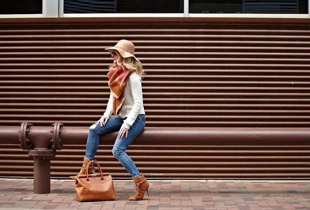 Suede Bootie, skinny jeans, hat, blanket scarf