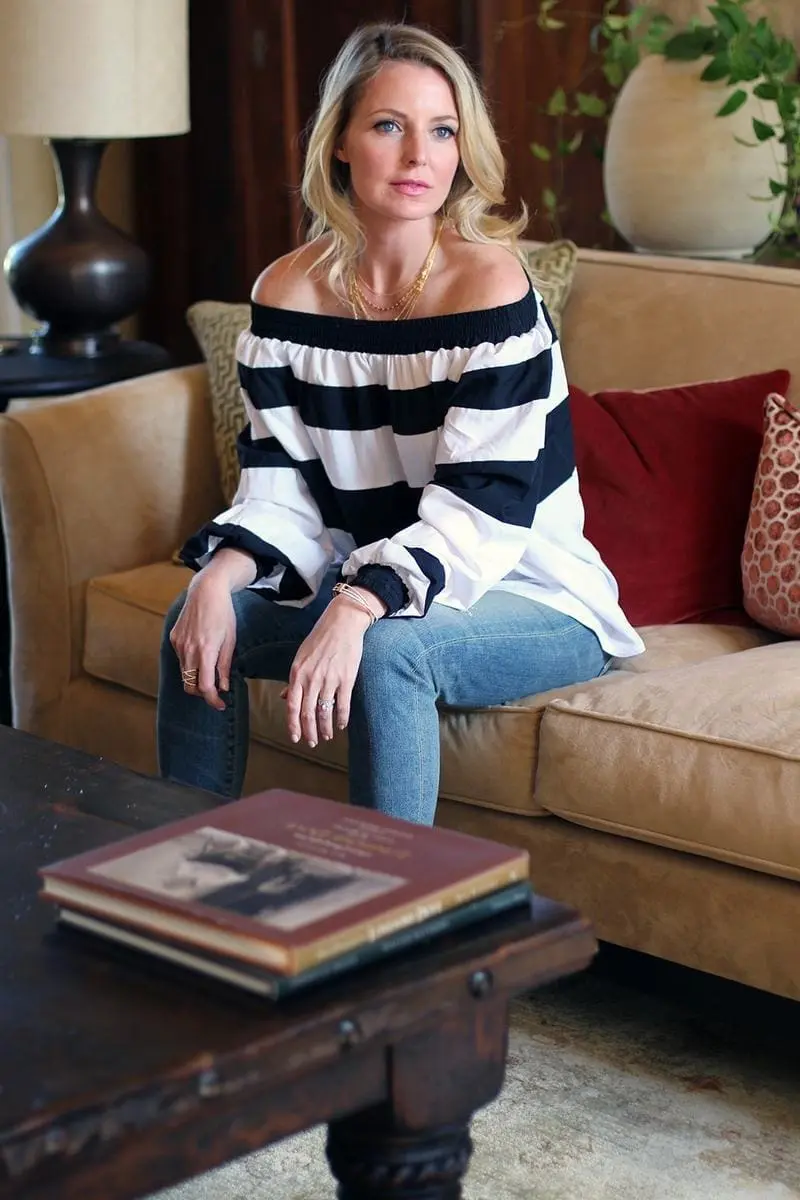 erin busbee of busbeestyle wearing an MLM label off shoulder top and skinny cropped jeans by citizens of humanity with gorjana necklace