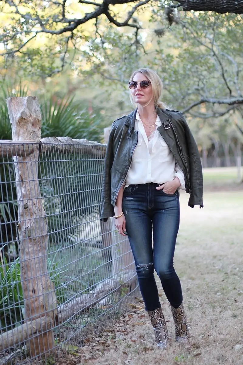 green leather moto jacket by doma paired with equipment slim signature blouse and rag & bone skinny jeans, a gorjana layered gold necklace and python booties