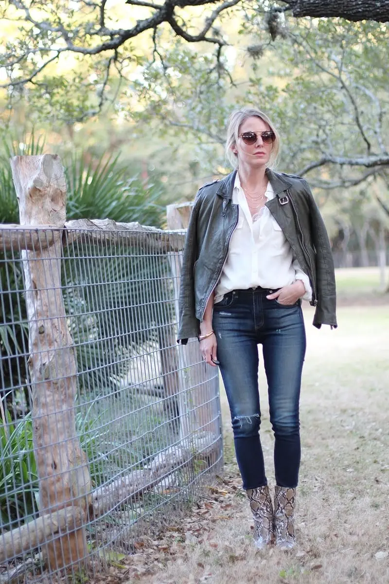 green leather moto jacket by doma paired with equipment slim signature blouse and rag & bone skinny jeans, a gorjana layered gold necklace and python booties
