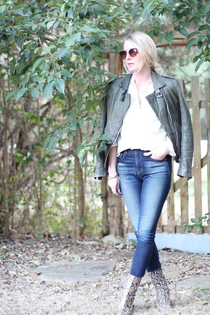 green leather moto jacket by doma paired with equipment slim signature blouse and rag & bone skinny jeans, a gorjana layered gold necklace and python booties