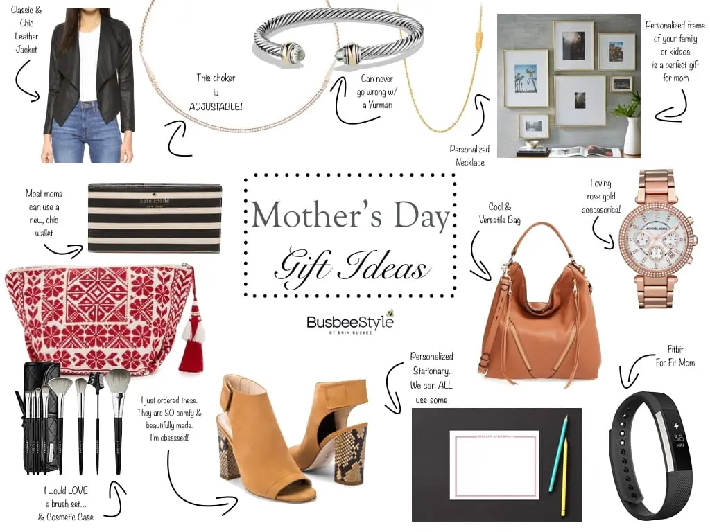 mother's day gift guide including booties, handbags, fitbit, necklaces, personalized jewelry, cosmetic case, brushes, and a leather jacket.