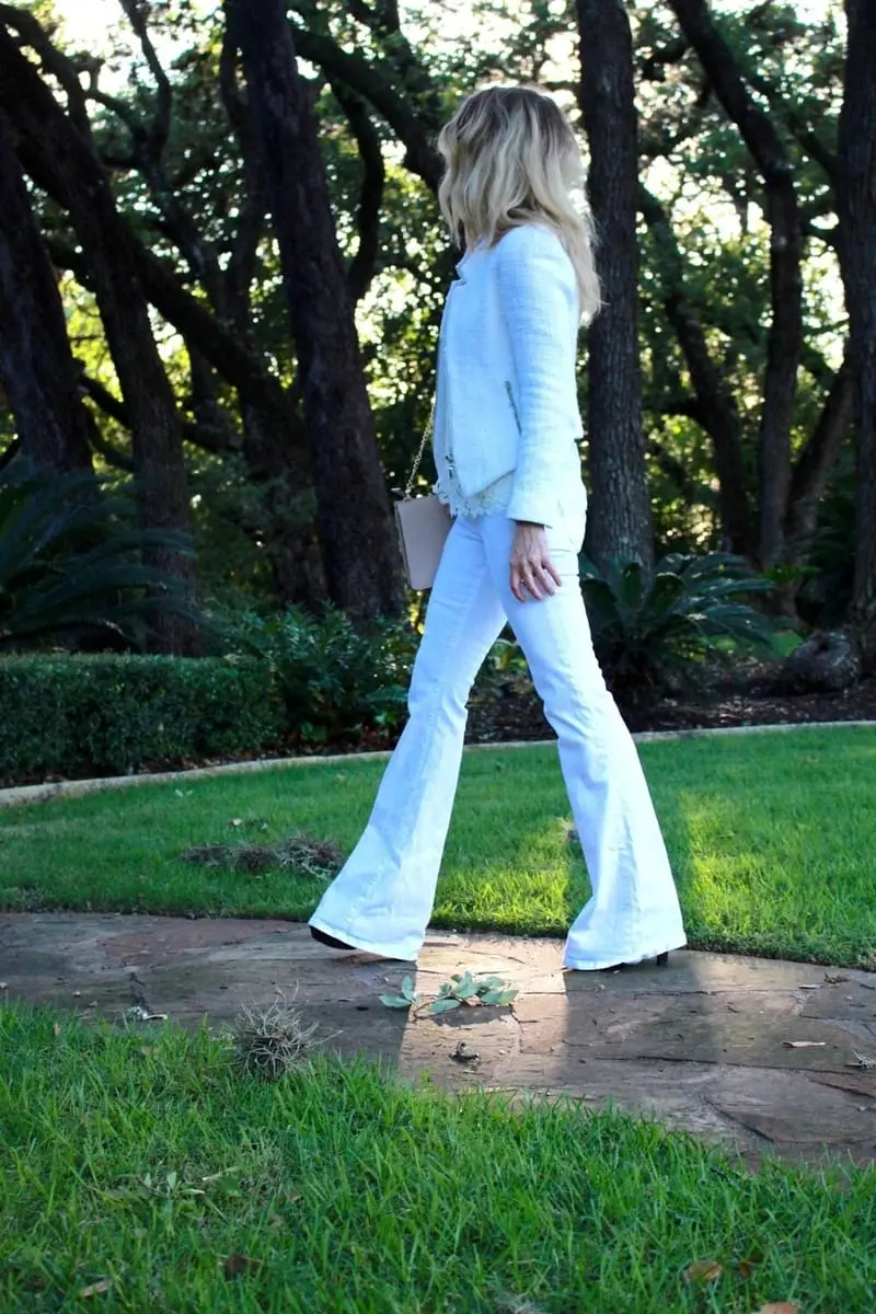 Wearing White, white from head to toe with brown accessories