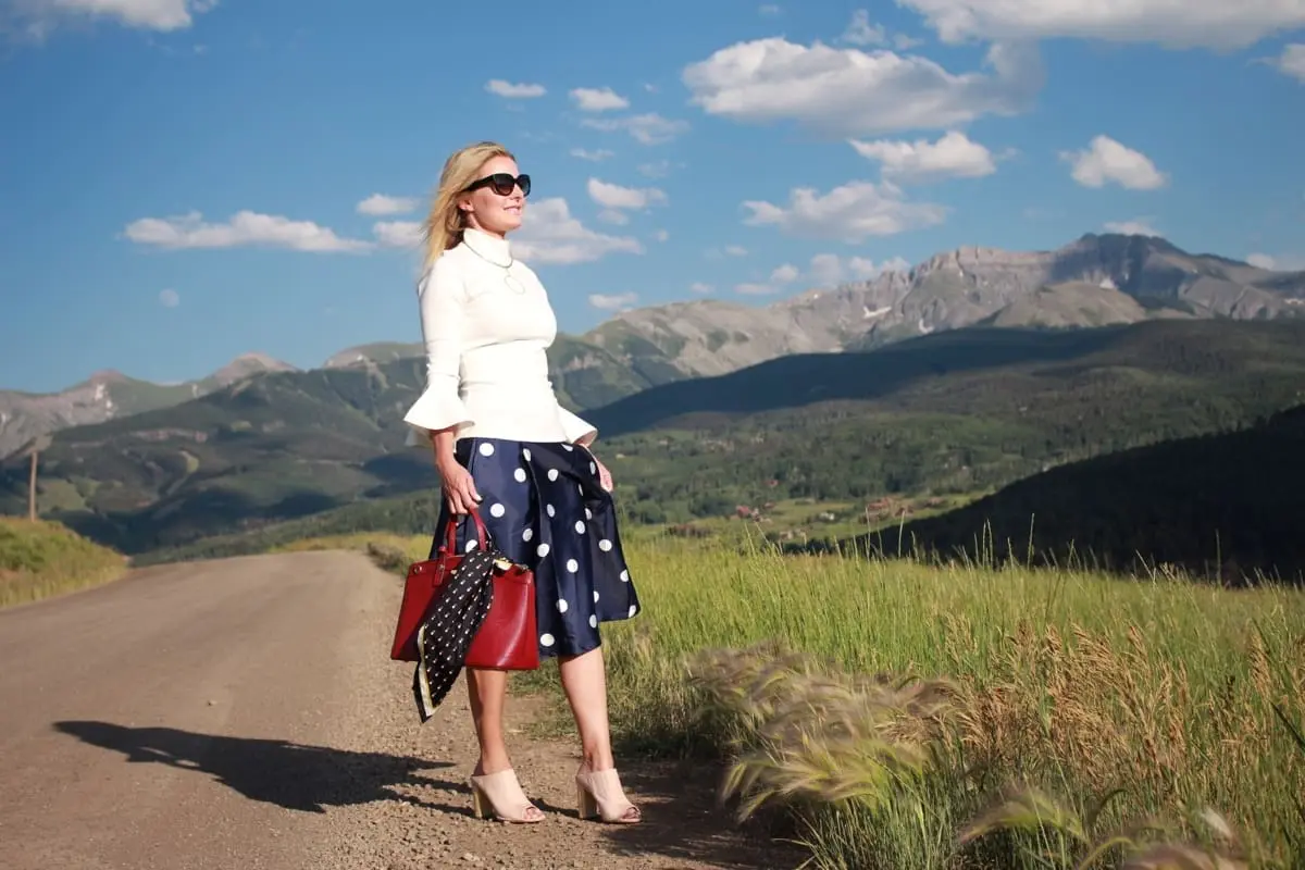 Polka Dots, Midi skirt, red handbag, bell sleeve top, how to wear midi skirt, how to wear polka dots