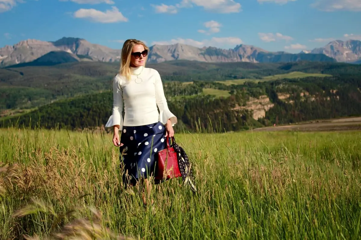 Polka Dots, skirt, midi skirt, bell sleeve, midi skirt, how to wear polka dots