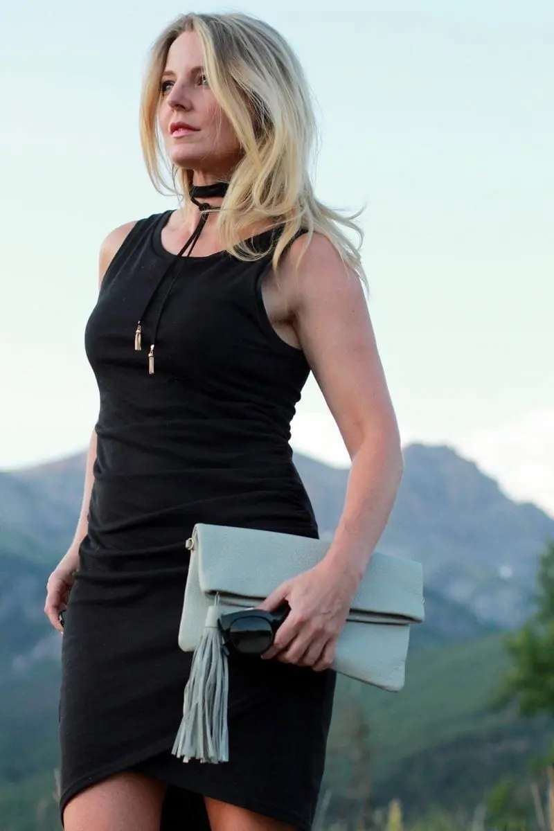 Choker Necklace, black dress, tank dress, little black dress, clutch, gray clutch