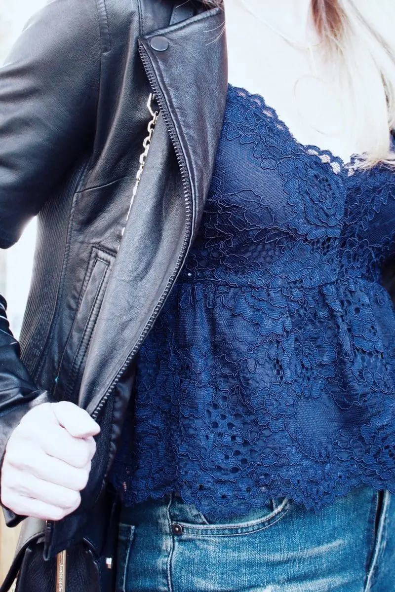 Lace Cami, Moto jacket, style over 40, how to wear lace cami