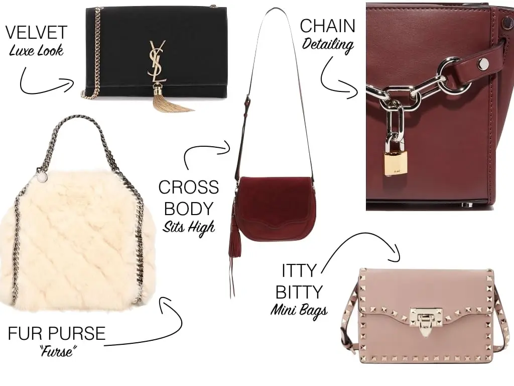 Handbag Trends, fall fashion trends 2016, faux fur, chain, bag, mini bags, cross-body bags, velvet bags