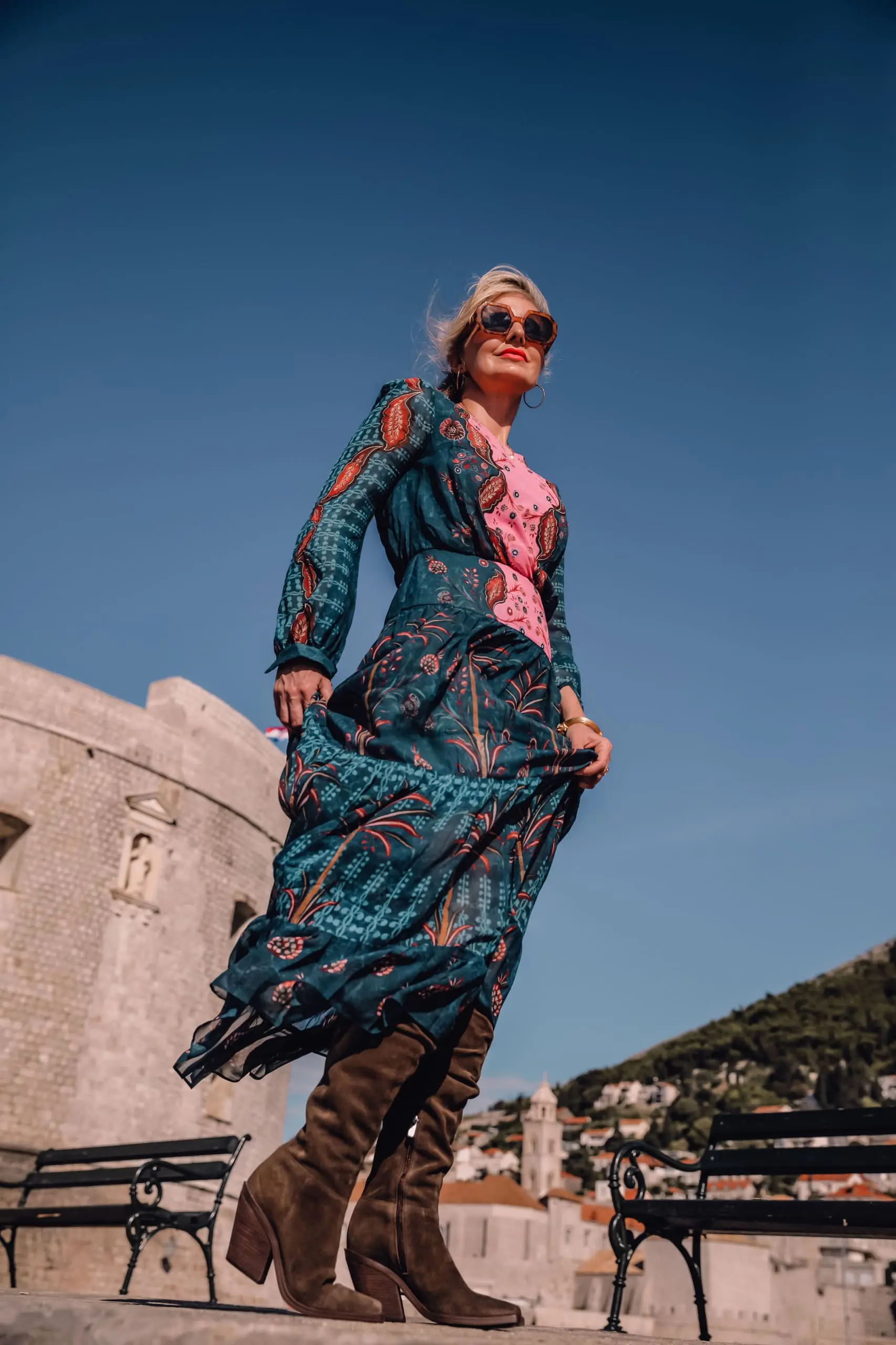 Printed Maxi Dress with Slouchy Boots