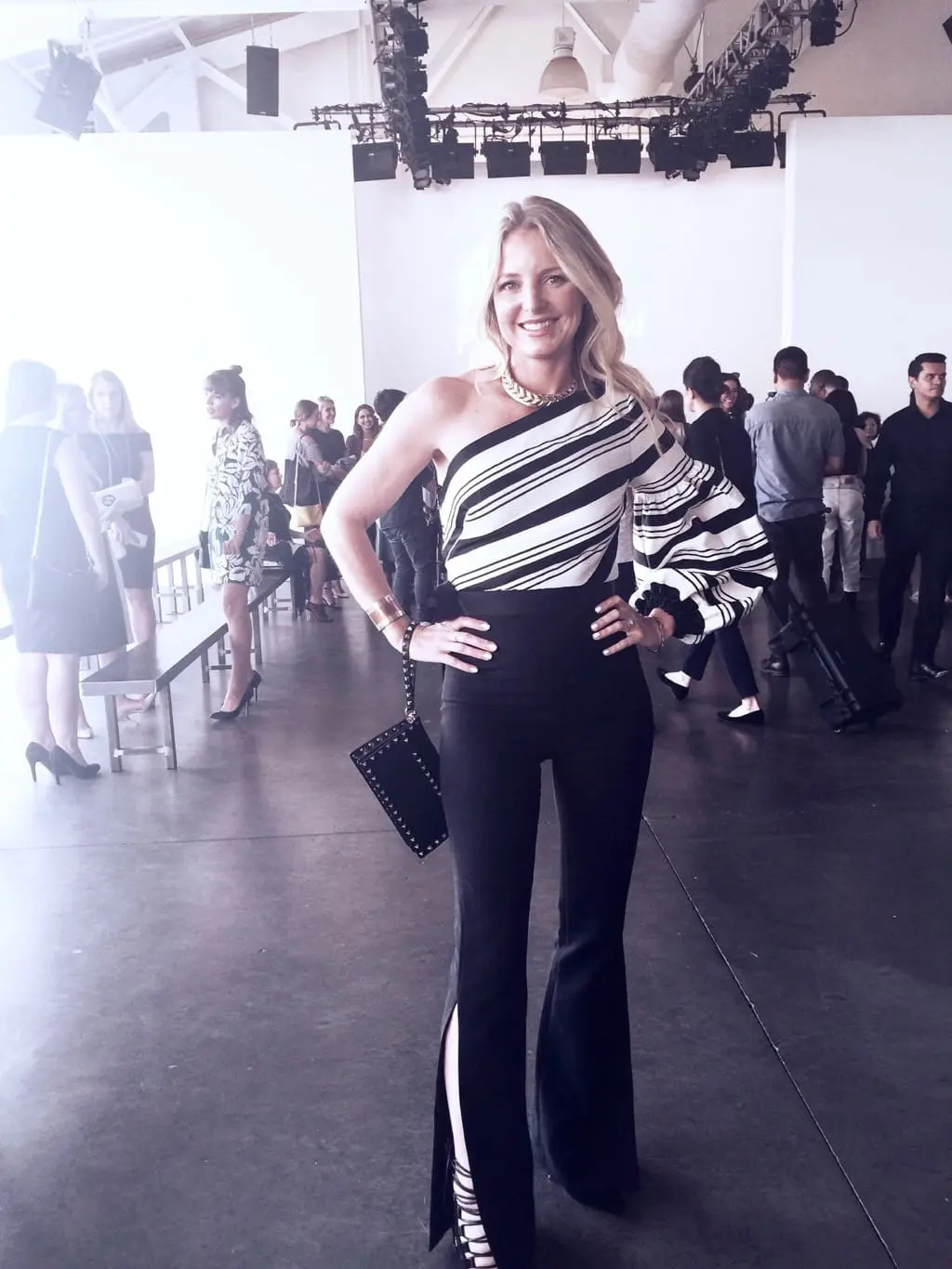 New York Fashion Week, alexis, one shoulder top, flared pants, slit pants, black pants, aquazzura, laceup pumps, 