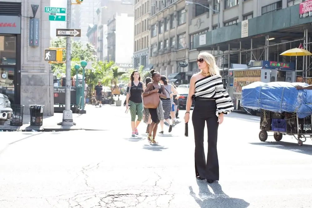 One Shoulder Top, street style, new york fashion week, alexis, flared pants, split seam pants, wide leg pants, lace up pumps, street shot, nyc, fashion show