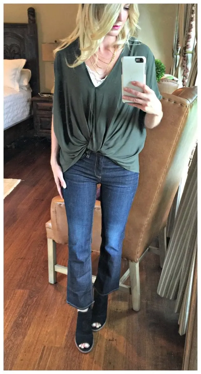 What I Wore, cropped jeans, booties, neck top, blouse, green blouse, army green, lace cami, layered necklace