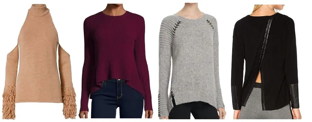 Statement Sweaters, sweaters, knits, cold shoulder, cashmere, twist, grommet, laceup, camel, burgundy, black, gray,