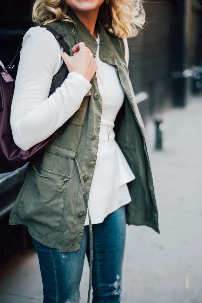 cargo vest from target, chicwish white peplum top, henri bendel jetsetter worn by erin busbee