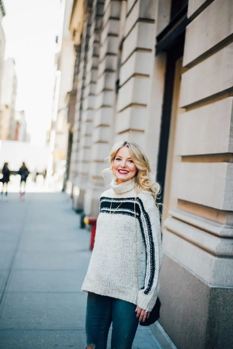 pam and gel turtleneck sweater with skinny jeans and black booties by sam edelman