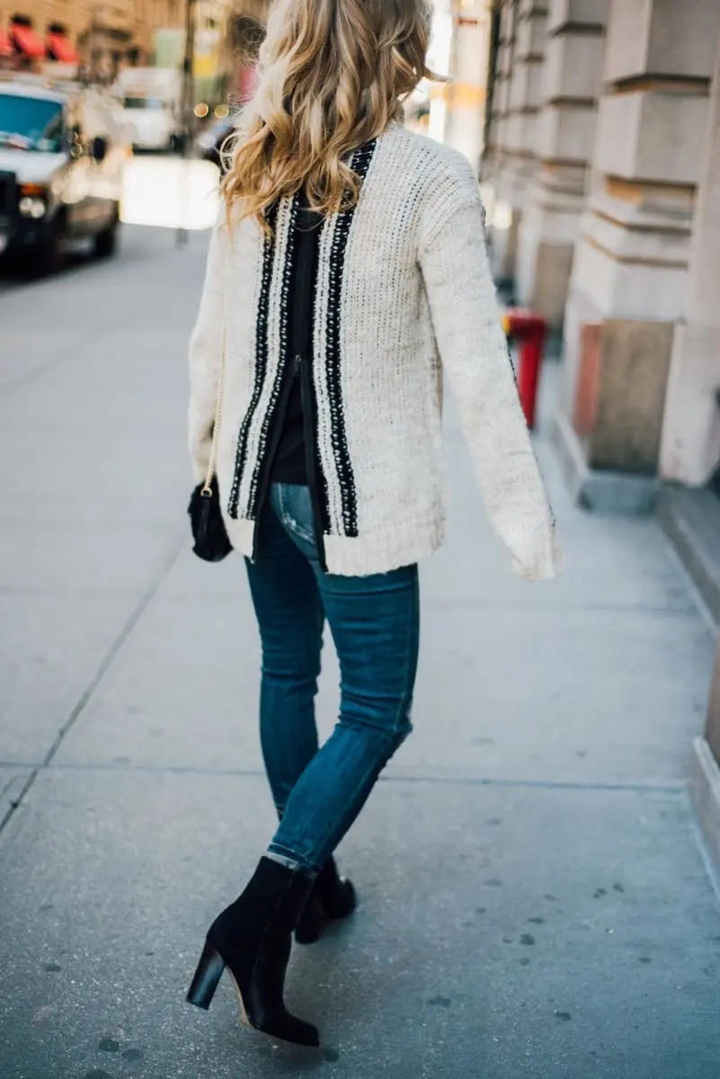fashion blogger new york city street shot with dark wash skinny jeans by citizens of humanity and mid-calf booties by sam edelman and back zipper detail
