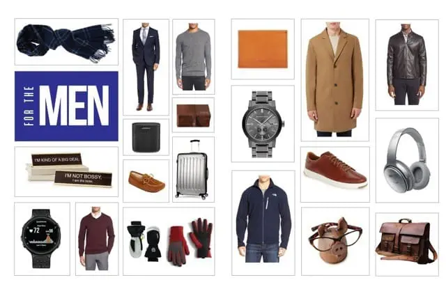 gift ideas for the guys in your life this holiday season 2016 including tech ideas, clothing, coats, jackets, sweaters, briefcases, glasses holder, name plate, scarf, gloves, mittens, ski gear, fleece, watches