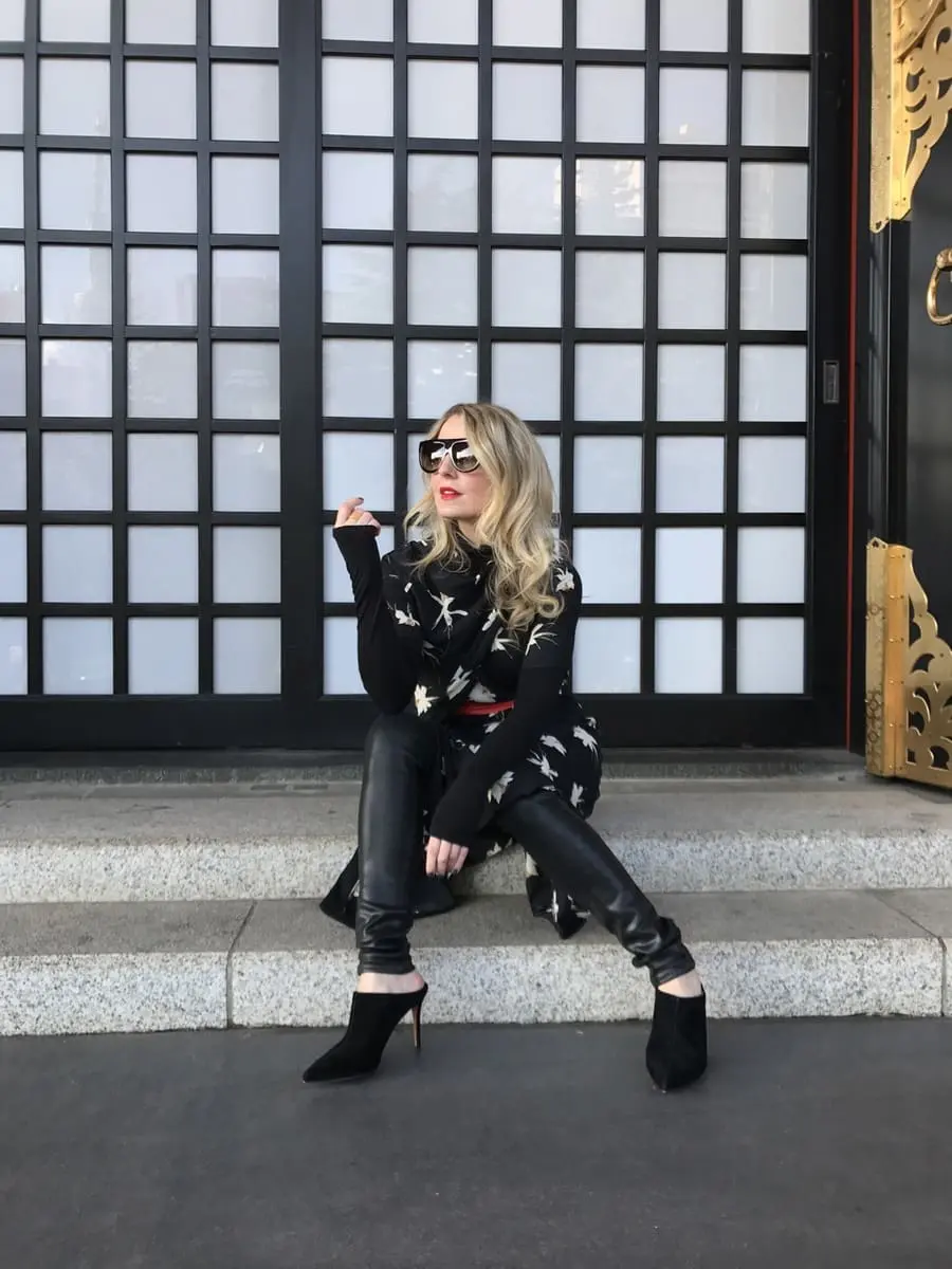 erin busbee at senso ji temple in tokyo japan wearing topshop floral print dress over citizens of humanity coated rocket skinny jeans with marc fisher mules and a halogen black turtleneck from nordstrom