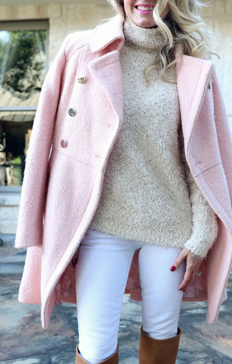 Gorgeous military style coat in boucle by Guess from Nordstrom with white jeans by Citizens of Humanity paired with beautiful suede camel colored boots by Sam Edelman