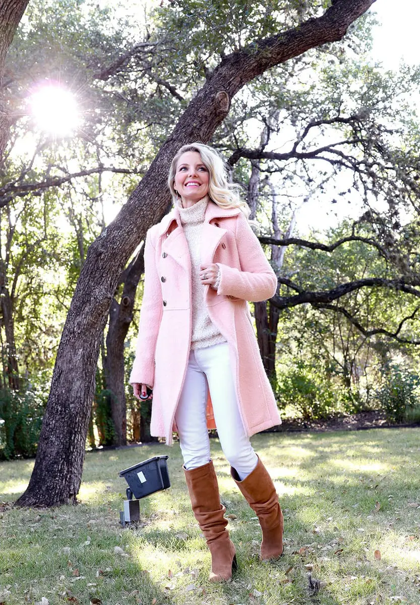 beautiful boucle pink guess military style coat by guess from nordstrom paired with a fuzzy, cozy sweater in pale pink, white jeans by citizens of humanity