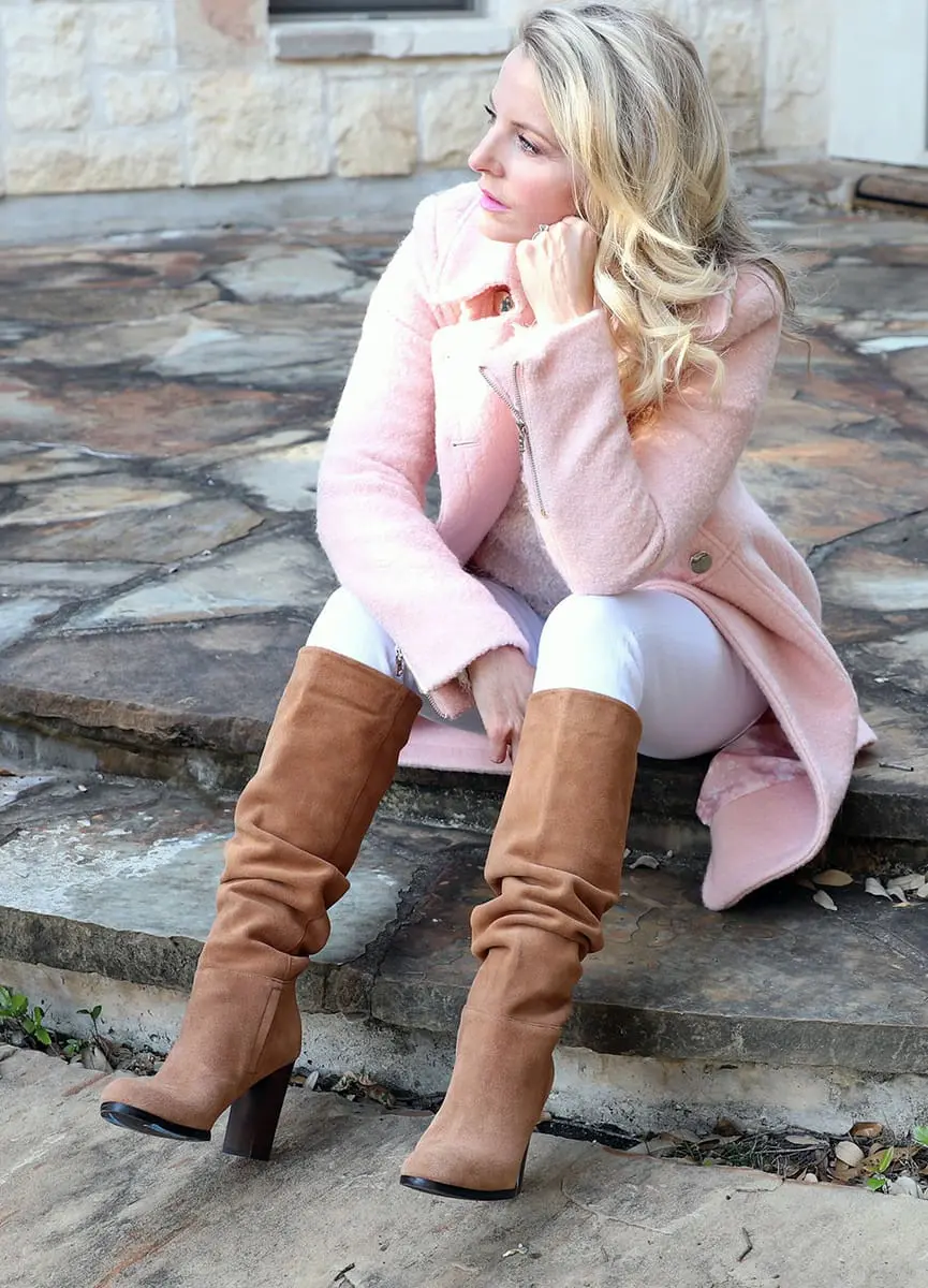 beautiful boucle pink guess military style coat by guess from nordstrom paired with a fuzzy, cozy sweater in pale pink, white jeans by citizens of humanity