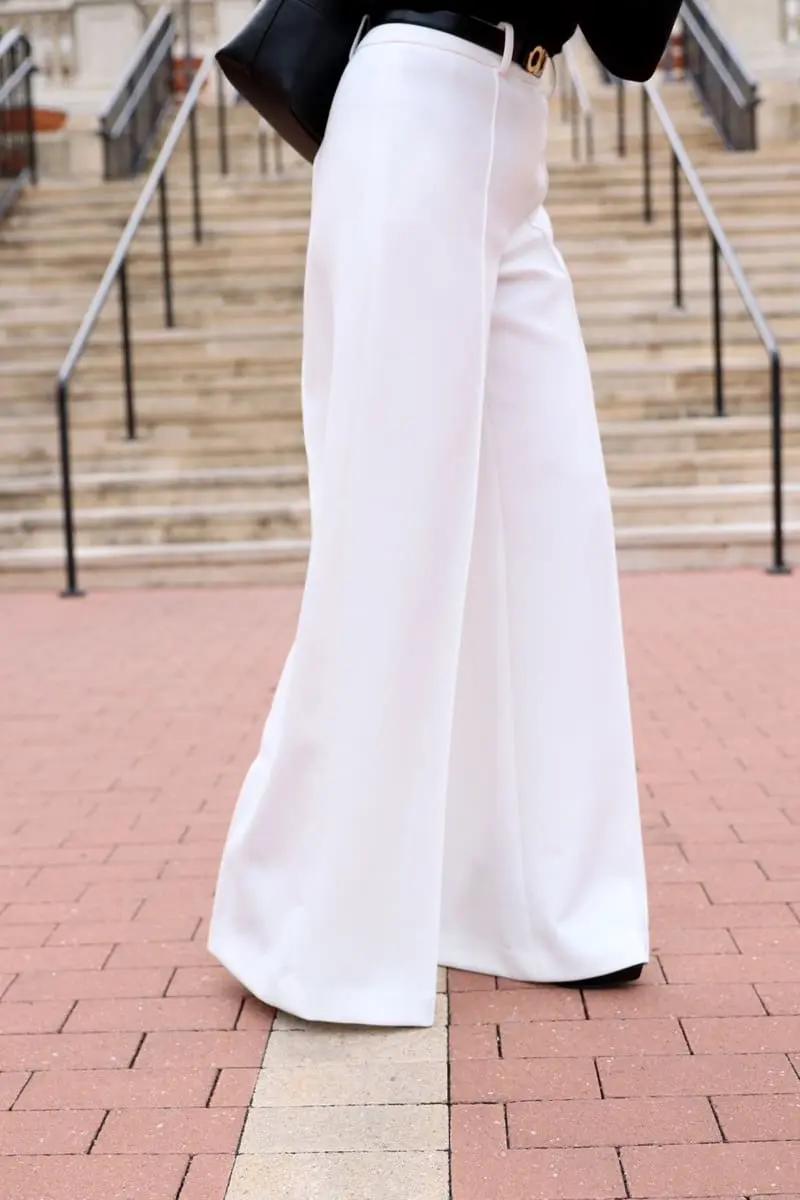 beautiful, elegant, high rise, winter white pants will make your legs look incredibly long and you will also look luxe and feminine