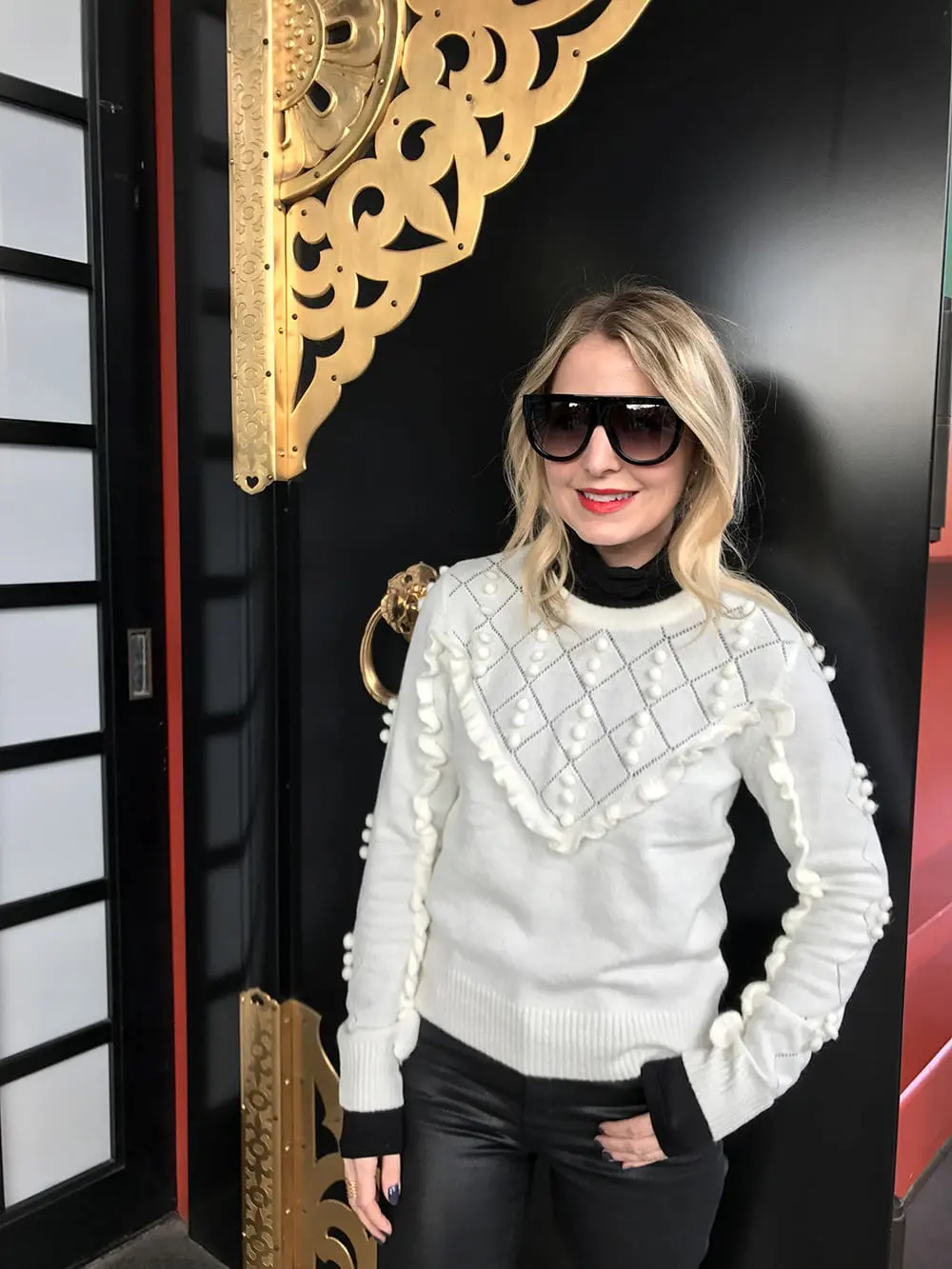 Givenchy look-a-like sunglasses with flat top from Amazon fashion for only $10 and a beautiful pom pom sweater by Topshop in off-white or ivory, with a bright red Milani "empress" lip