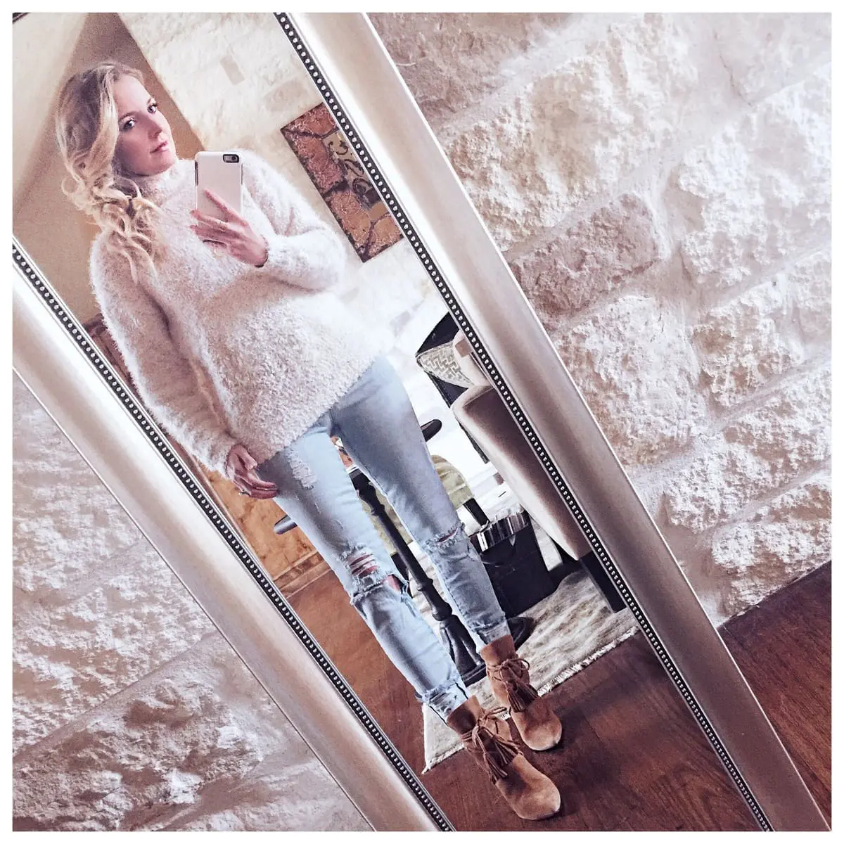 This sweater is a heavy hitter for me because it is insanely comfortable! I love how soft and fuzzy it is and the light pastel color. The light blue jeans by Lovers + Friends are also a favorite. They come in petite and black too!