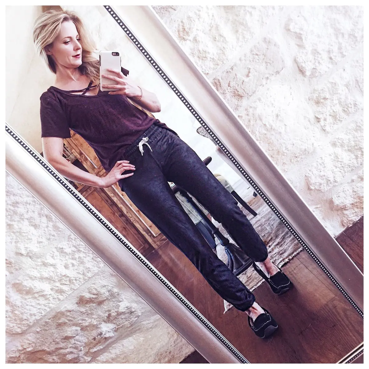 Loungewear outfit or my daily work uniform. This is pretty much what I live in, a comfy, interesting t-shrit and sweatpants. I like that these sweats are slim fitting so I retain a shape. The tee is also figure flattering and the criss cross detailing at the top makes it unique