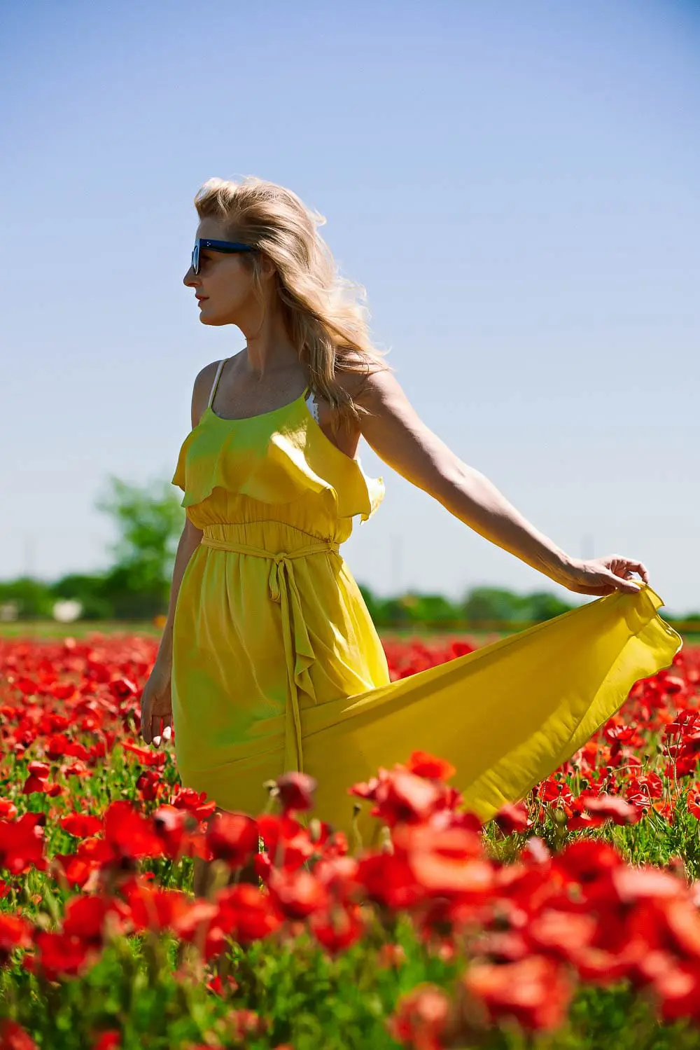 Off shoulder yellow, silky dress by Bardot on fashion blogger and youtuber, Erin Busbee, at Wildseed Farms in Fredericksburg, Texas
