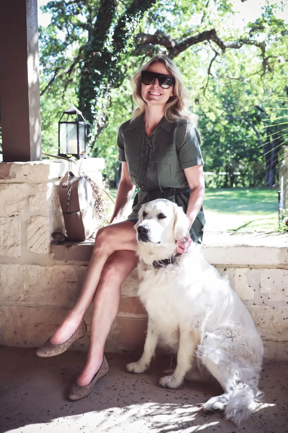 What I Wore video // Erin Busbee, fashion blogger and youtuber from San Antonio, Texas, wearing L'Agence laceup army green dress with Earthies lindi ballet flats in biscuit with her golden retriever 