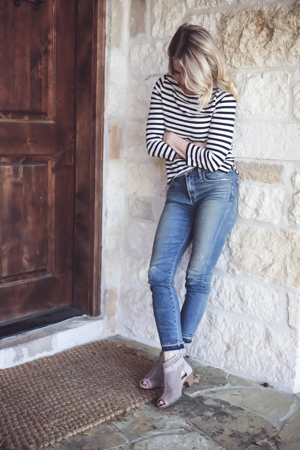 What I Wore featuring three outfits worn by fashion blogger and youtuber from san antonio, texas, erin busbee of busbeestyle.com // In this picture, wearing gorgeous pastel pom pom statement earrings from Baublebar, striped tee from J.Crew, Citizens of Humanity rocket crop vintage jeans in miramar, and Earth Brands peep toe perforated booties