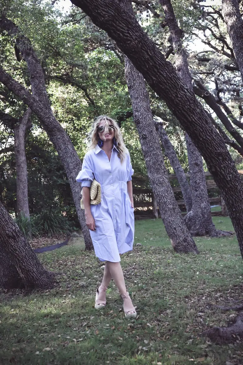 Blue and white striped shirt dress, Ann Taylor straw basket bag with tassel, and Marc Fisher nude wedges on erin busbee, of busbeestyle.com