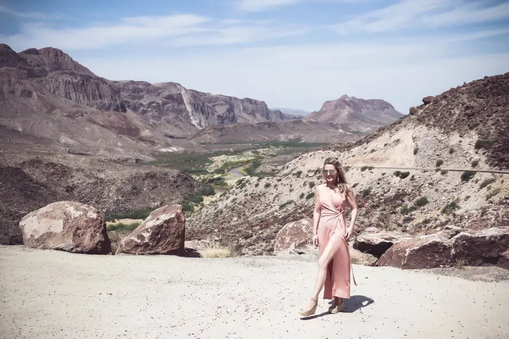 Wrap Dress by Wyldr from Asos ain blush nude color with Marc Fisher perforated ankle strap espadrilles wedges, Looks like the "naked dress" from Sex and the city, on fashion blogger and fashion youtuber erin busbee of busbestyle, san antonio, texas, shot near Big Bend National Park in West Texas along the Rio Grande
