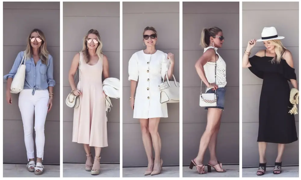 Summer Outfit ideas with fashion blogger and youtuber Erin Busbee of busbeestyle.com, busbee style, featuring 5 summer outfits, including a pale pink midi dress by Leith, a black cold shoulder dress from Amazon, black and white fedora from Nordstrom, open toe mules from M.Gemi and Avec Les Filles, bow shoes, mom shorts from Topshop, an eyelet sleeveless top from Anthropologie, and white split seam jeans by Topshop