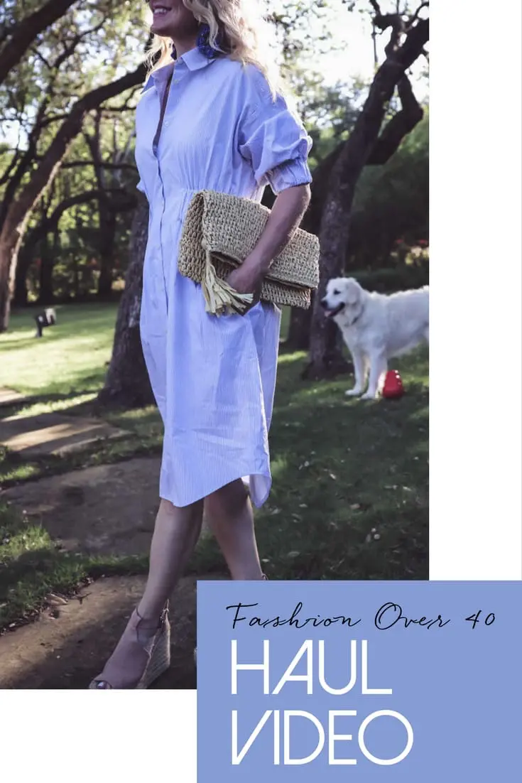 Haul video, fashion finds for women over 40 by Erin Busbee, Fashion Blogger and youtuber from San Antonio, Texas, haul includes jeans, sandals, mules, a striped dress, suede moto jacket, among others