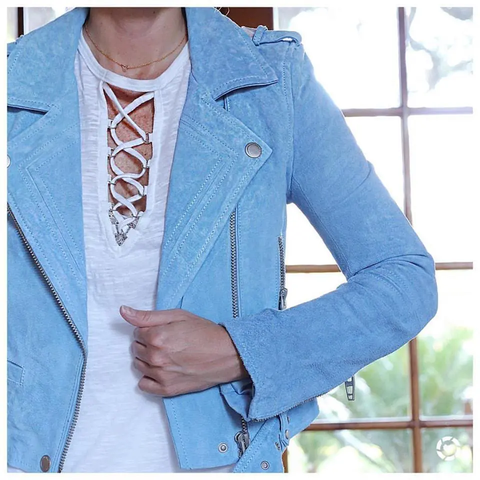 Huge haul video by Erin Busbee, fashion blogger and youtuber, from San Antonio, highlighting the light blue suede moto jacket by BlankNYC, american eagle jeans, giles and brother cuff bracelets, date night tops, dresses for women over 40, etc