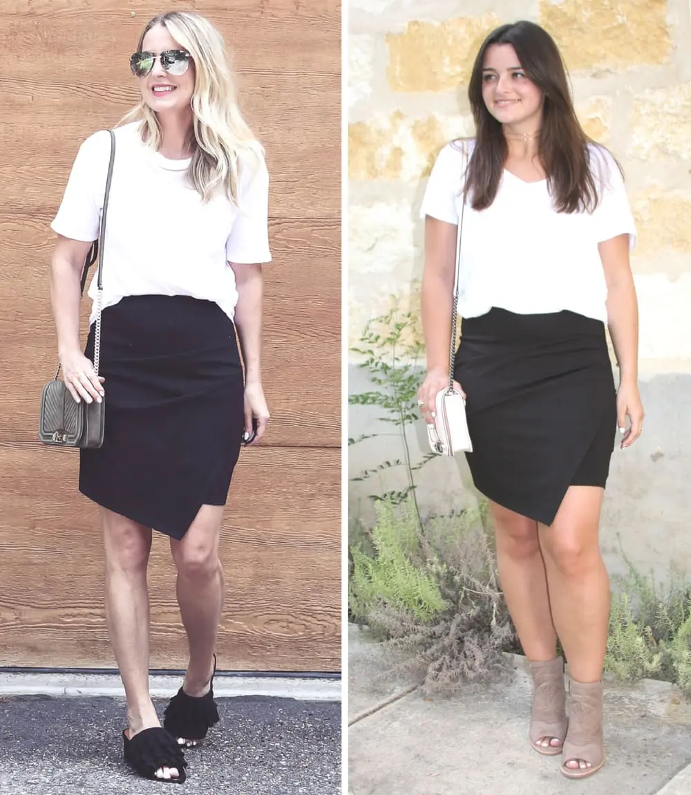 Wear it 2 Ways, styling the same black sporty skirt from Nordstrom sale, two ways, featuring a woman in her 40's and a millennial in her 20's