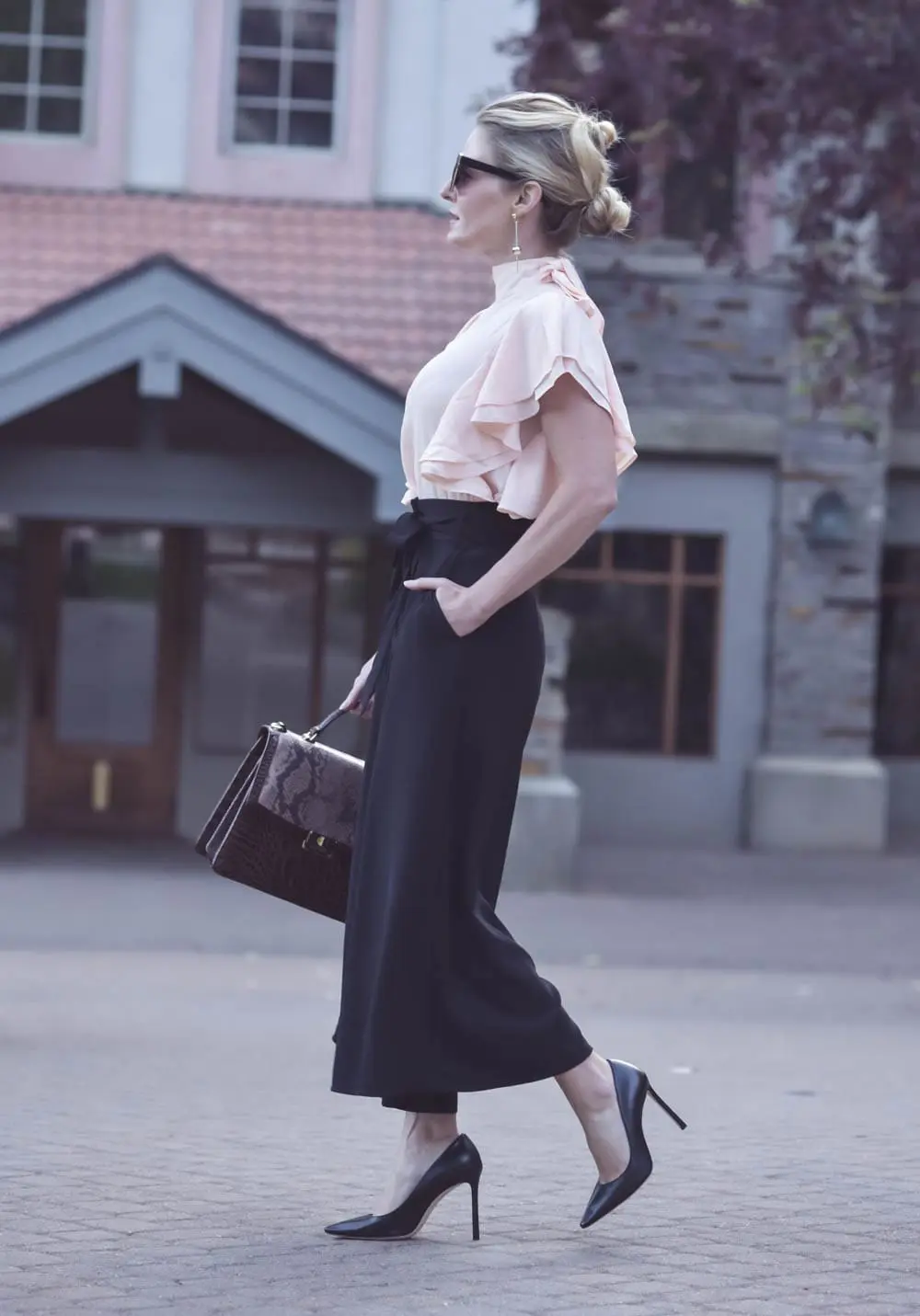 Business casual outfit idea, culottes, ruffle blouse, fashion over 40