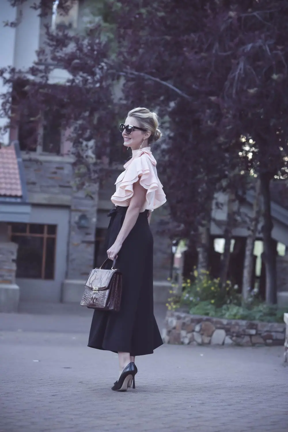 Business casual outfit idea, culottes, ruffle blouse, fashion over 40