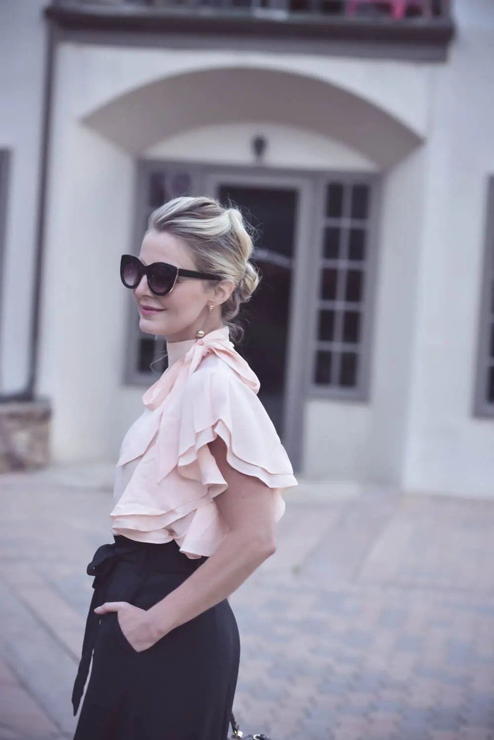 Business casual outfit idea, ruffle blouse, fashion over 40