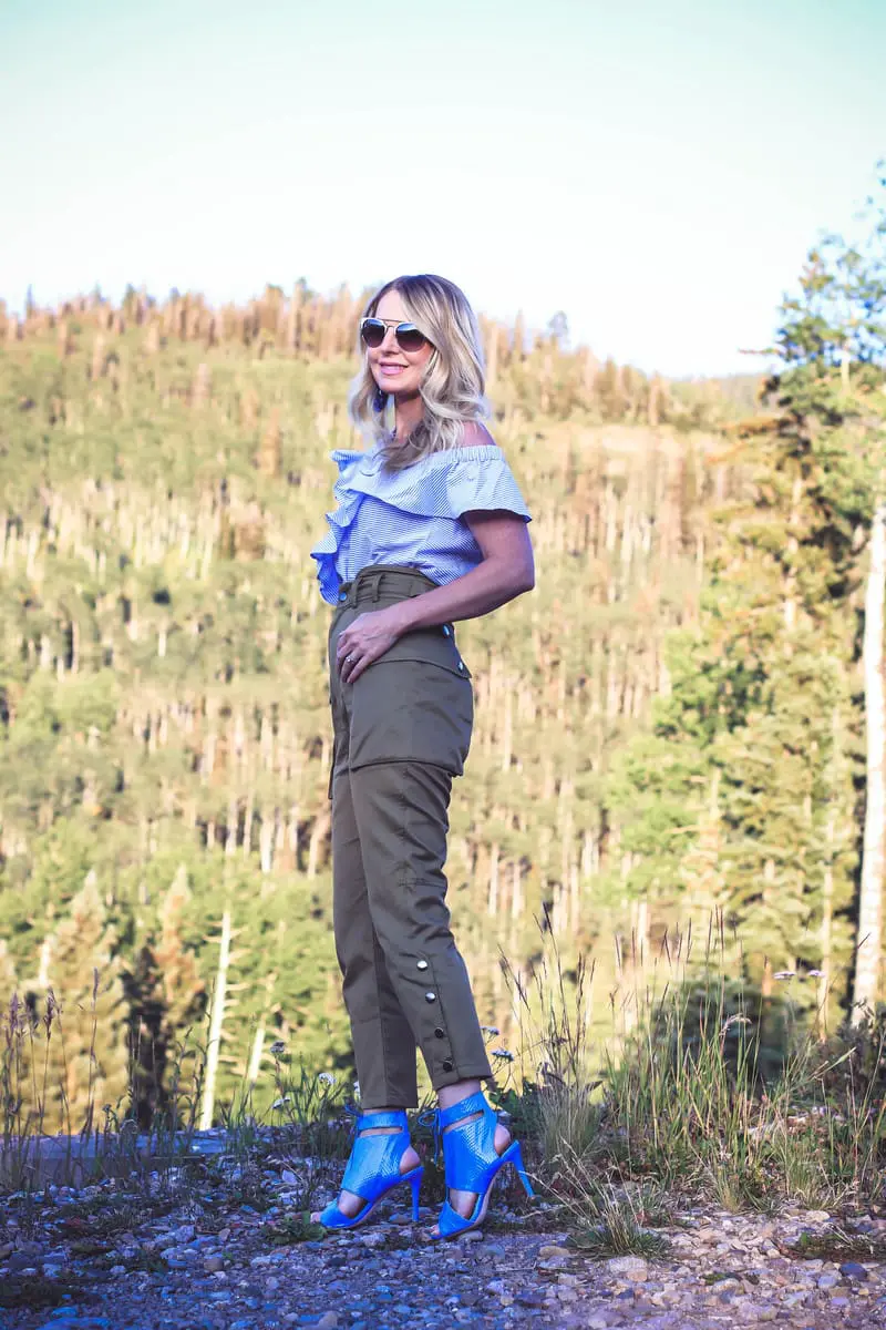 Edgy Pants, by Marissa Webb, Belle Pants, cargo pants, self portrait dupe, loeffler randall blue sandals