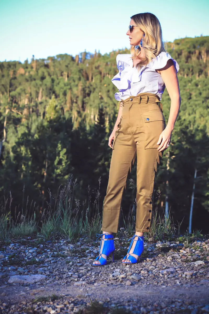 Edgy Pants, by Marissa Webb, Belle Pants, cargo pants, self portrait dupe, loeffler randall blue sandals