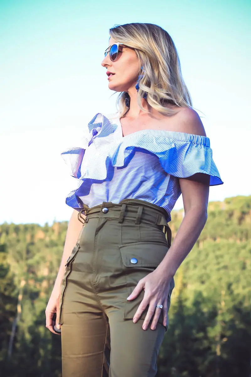 Edgy Pants, by Marissa Webb, Belle Pants, cargo pants, self portrait dupe, loeffler randall blue sandals