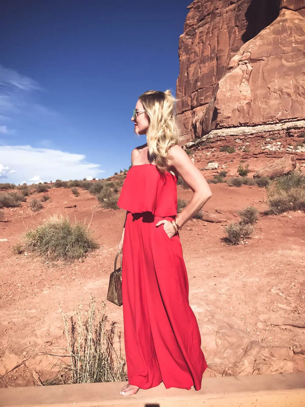 Red Wide Leg Pants and Strapless Matching Cropped Top by Free People in Moab, Utah on Fashion Blogger Erin Busbee (16 of 27)