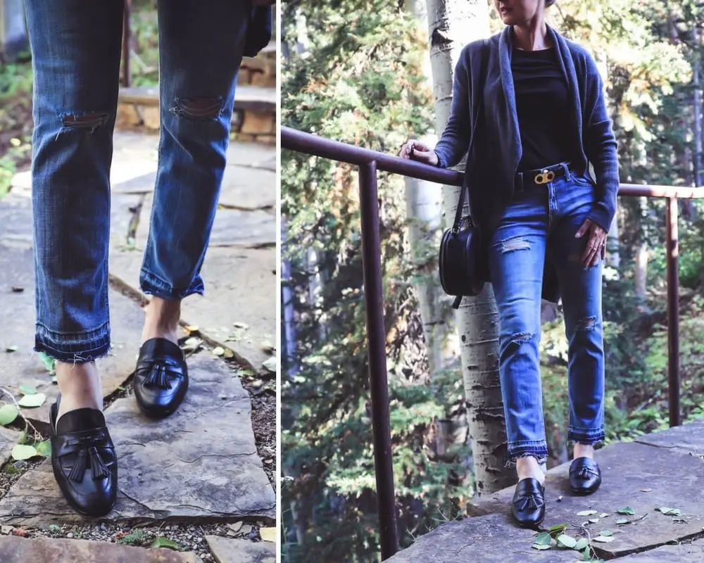 Boyfriend jeans by Current & Elliott, paired with a gray circle cardigan from nordstrom, a long sleeve black tee and the Paris loafers by Sam Edelman, on fashion blogger from colorado, Erin Busbee of busbeestyle