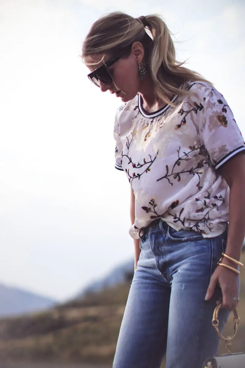 Target Try On video, come into the dressing room with me while I try on pieces from the new Target line, A New Day, including this gorgeous velvet burnout floral print top that I paired with Grlfriend jeans, and white boots, on fashion blogger erin busbee of busbee style from colorado