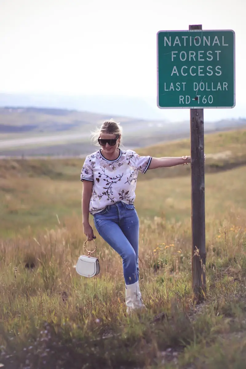 Target Try On video, come into the dressing room with me while I try on pieces from the new Target line, A New Day, including this gorgeous velvet burnout floral print top that I paired with Grlfriend jeans, and white boots, on fashion blogger erin busbee of busbee style from colorado