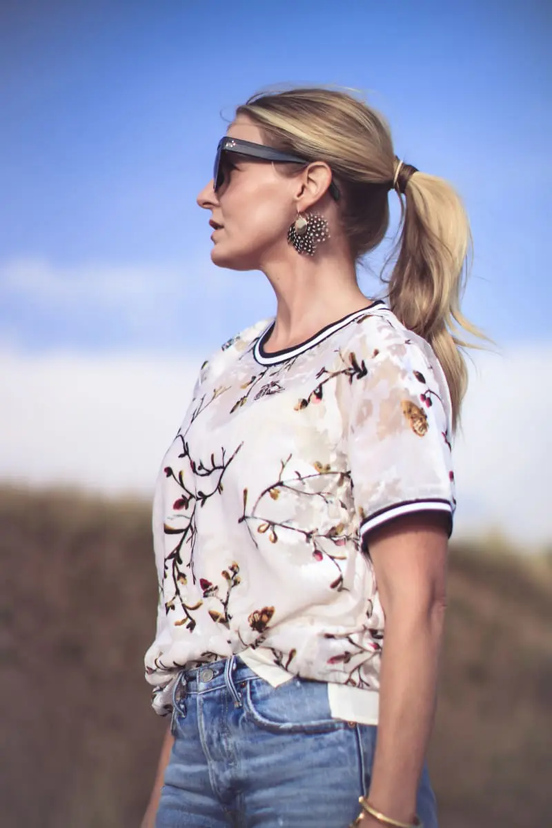 Target Try On video, come into the dressing room with me while I try on pieces from the new Target line, A New Day, including this gorgeous velvet burnout floral print top that I paired with Grlfriend jeans, and white boots, on fashion blogger erin busbee of busbee style from colorado