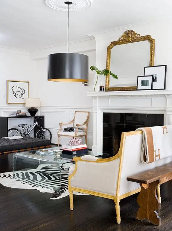 Living room decor ideas, white and gray living room with gold accents, and an animal print rug